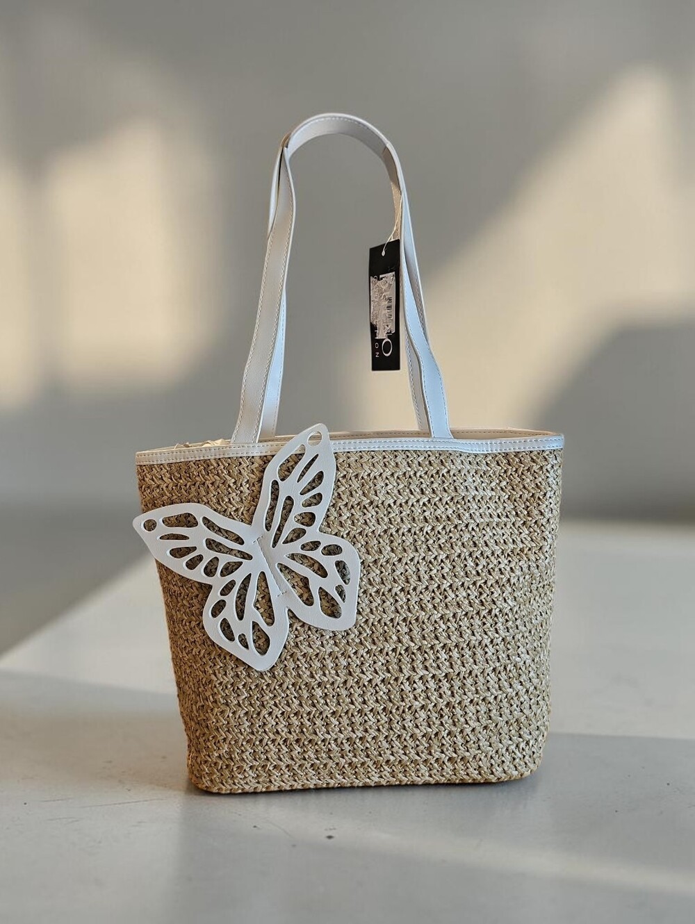BUENO COLLECTION NWT Woven Straw Tote Bag with White Butterfly Accent